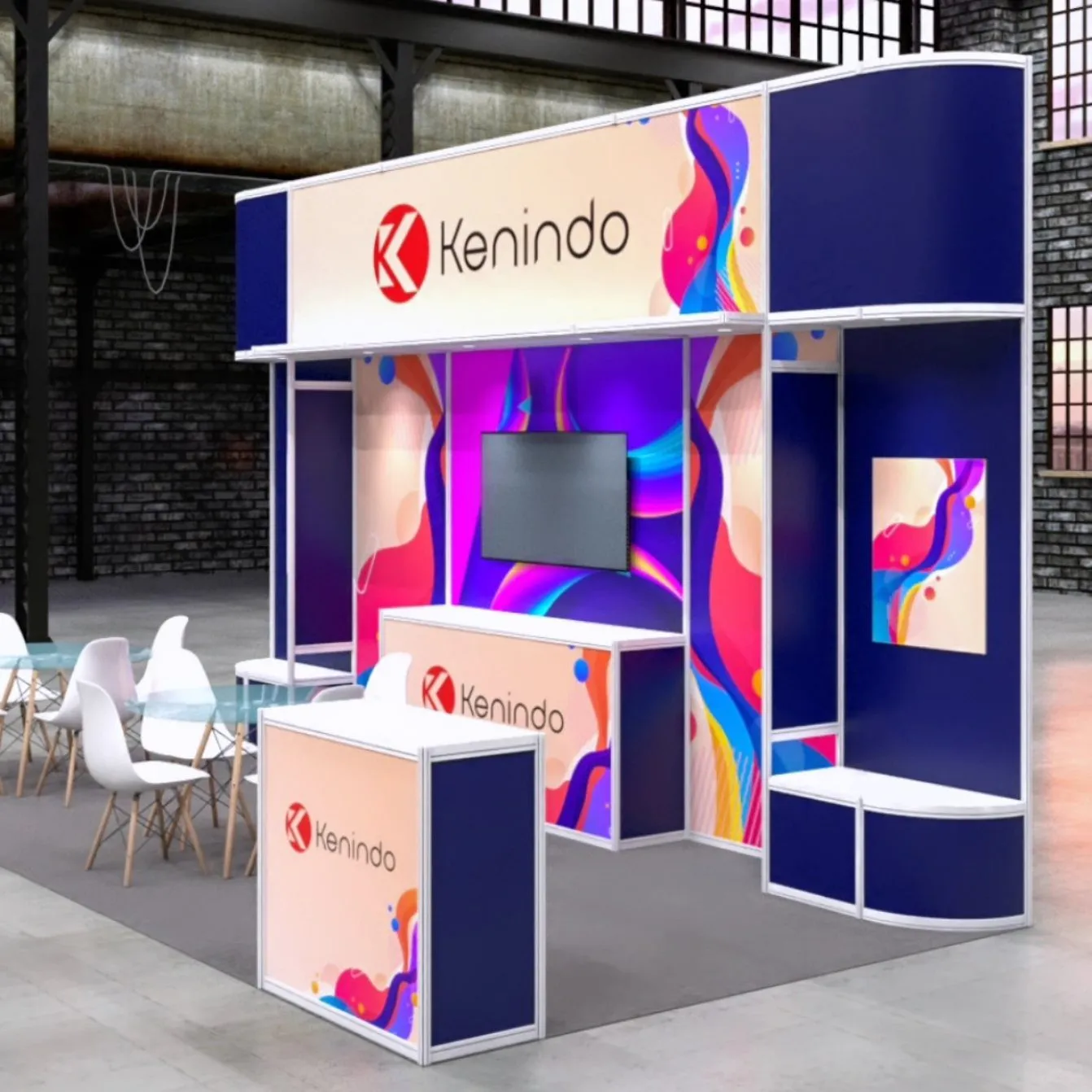 Booth pameran Kenindo dengan rangka aluminium dan panel grafis