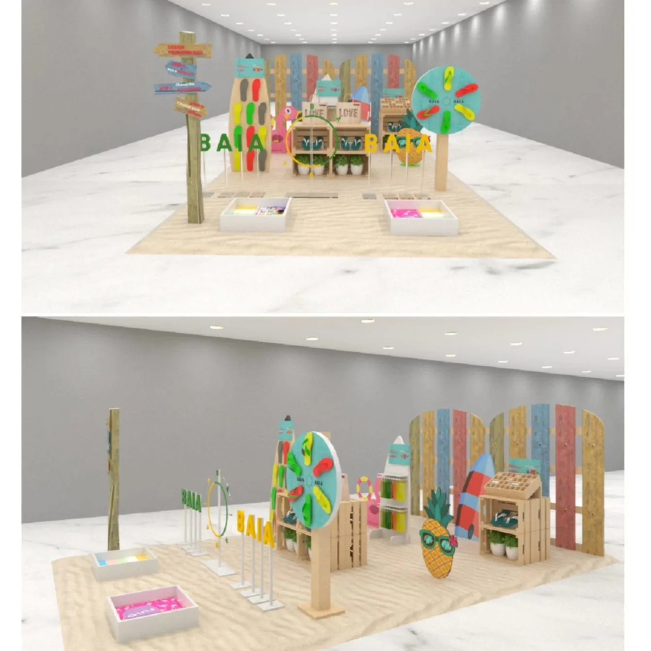 Display retail BAIA bertema pantai dengan rak kayu